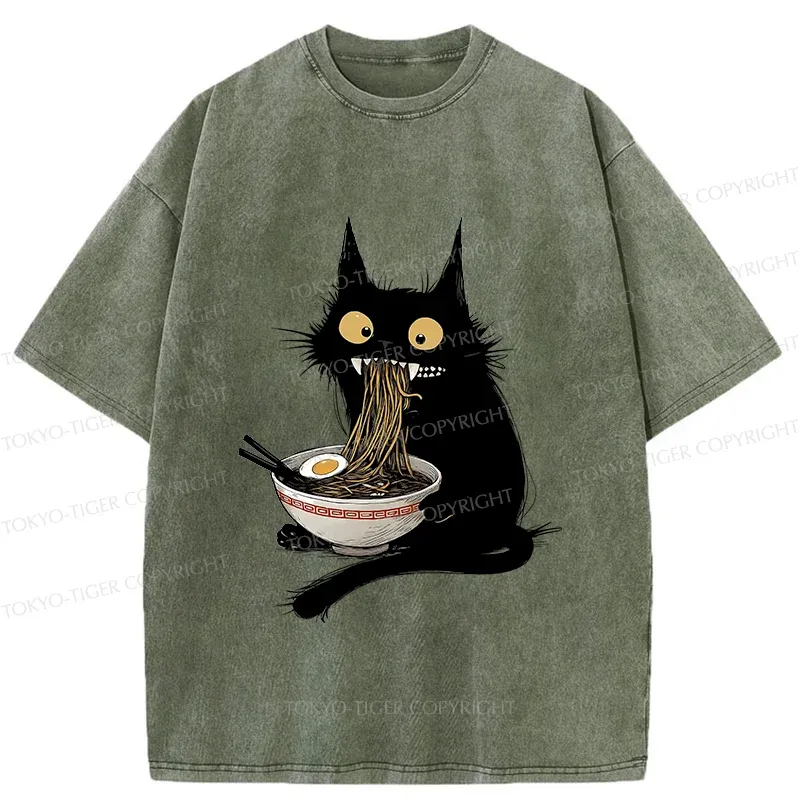 Tokyo-Tiger Naughty Kitten Is Eating Ramen Washed T-Shirt