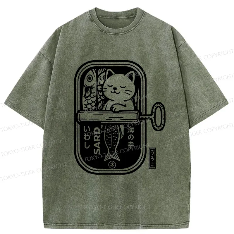 Tokyo-Tiger Cat And Canned Fish Washed T-Shirt
