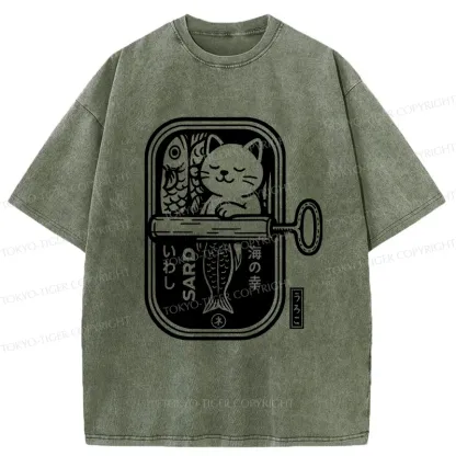 Tokyo-Tiger Cat And Canned Fish Washed T-Shirt