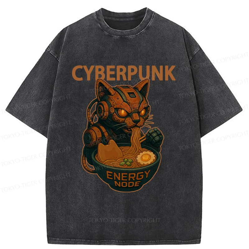 Tokyo-Tiger Retro Machine Cat Eating Ramen Washed T-Shirt
