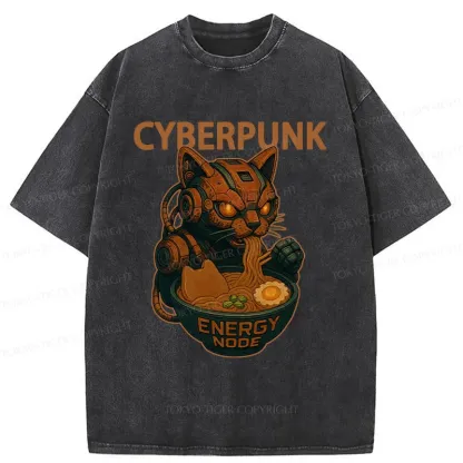 Tokyo-Tiger Retro Machine Cat Eating Ramen Washed T-Shirt
