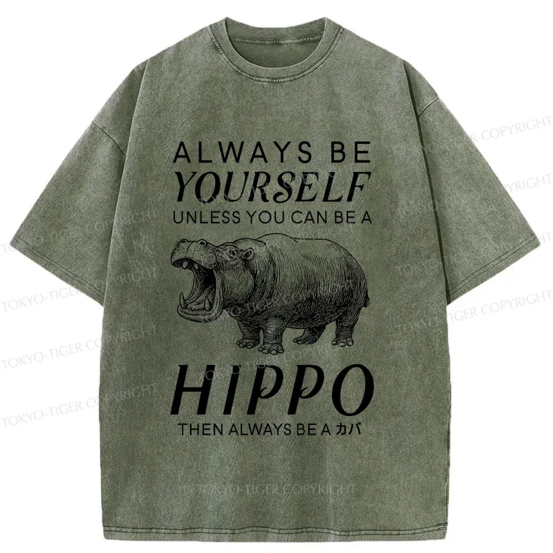 Tokyo-Tiger Funny Hippopotamu Washed T-Shirt