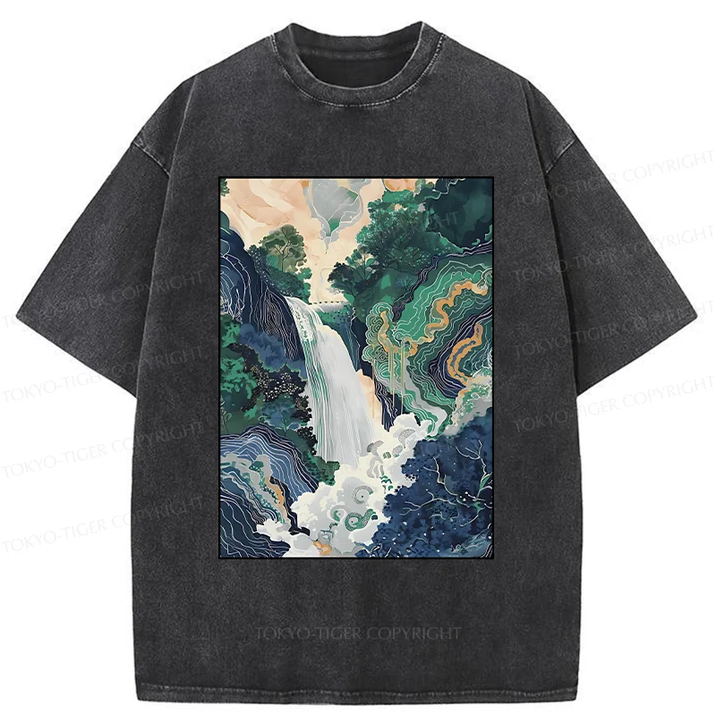 Tokyo-Tiger Japanese Landscape Painting Washed T-Shirt