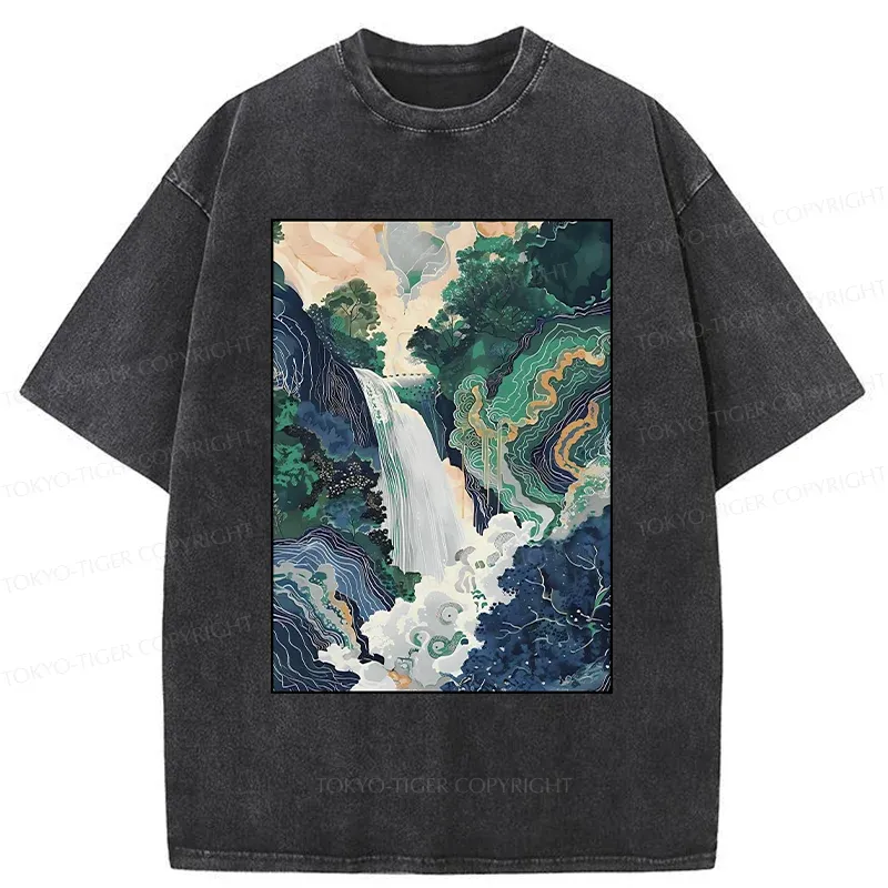 Tokyo-Tiger Japanese Landscape Painting Washed T-Shirt
