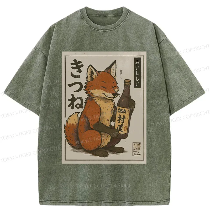 Tokyo-Tiger Fox Holding Sake Washed T-Shirt