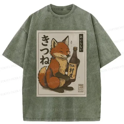 Tokyo-Tiger Fox Holding Sake Washed T-Shirt