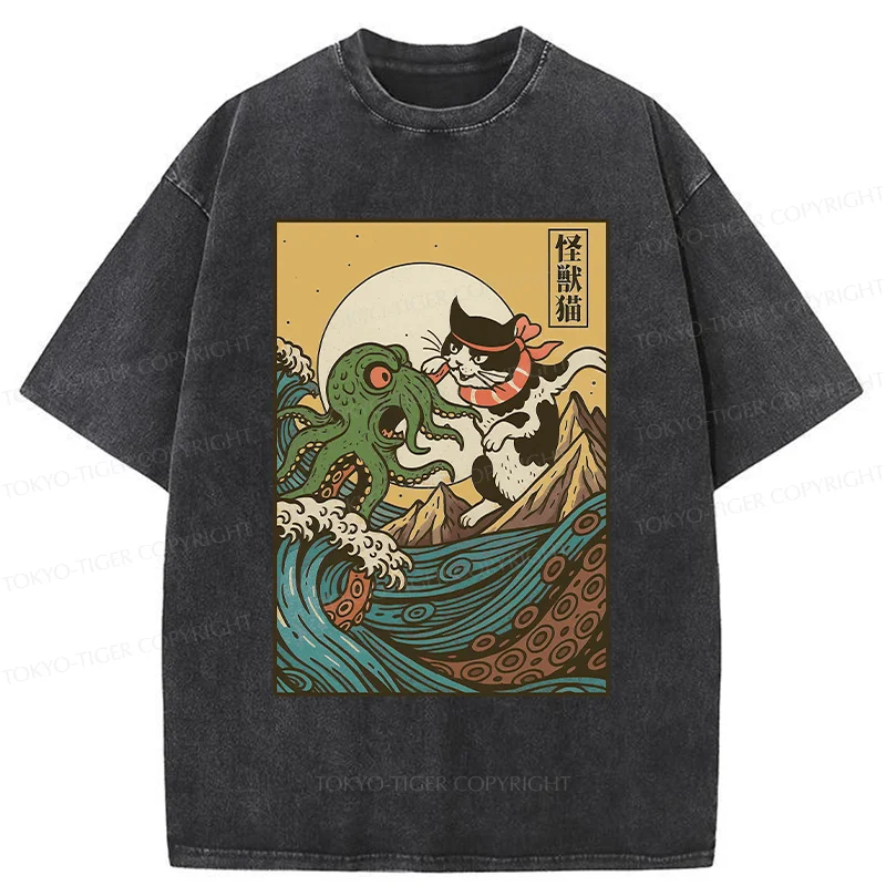 Tokyo-Tiger Cat And Octopus Battle Funny Washed T-Shirt