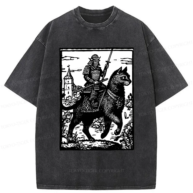 Tokyo-Tiger Samurai Riding A Cat Washed T-Shirt