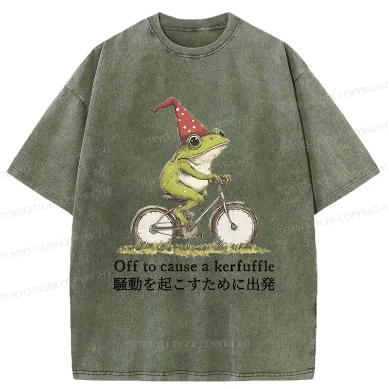 Tokyo-Tiger Frog Riding A Bicycle Washed T-Shirt