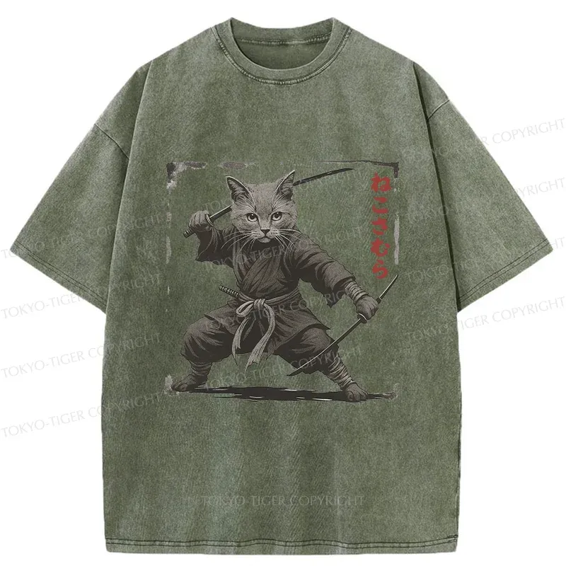 Tokyo-Tiger Handsome Cat Samurai Washed T-Shirt