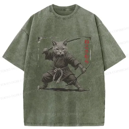 Tokyo-Tiger Handsome Cat Samurai Washed T-Shirt