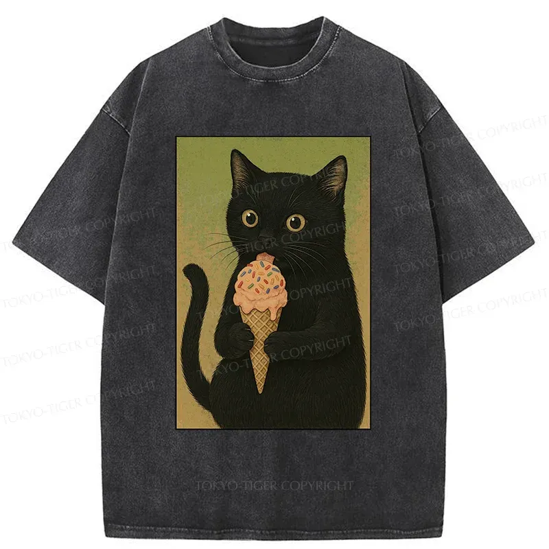 Tokyo-Tiger Kitten Rating Ice Cream Washed T-Shirt