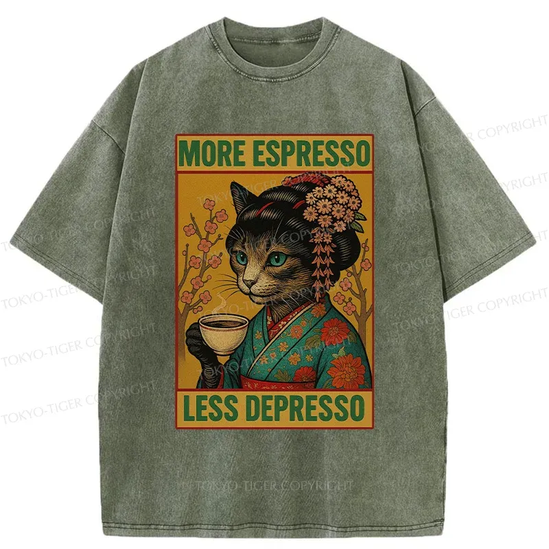 Tokyo-Tiger Geisha Cat Drinking Coffee Washed T-Shirt