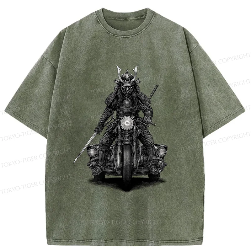 Tokyo-Tiger Samurai Riding A Motorcycle Washed T-Shirt