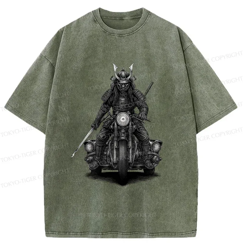Tokyo-Tiger Samurai Riding A Motorcycle Washed T-Shirt