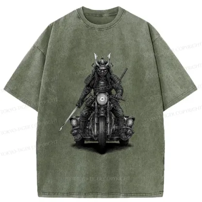 Tokyo-Tiger Samurai Riding A Motorcycle Washed T-Shirt