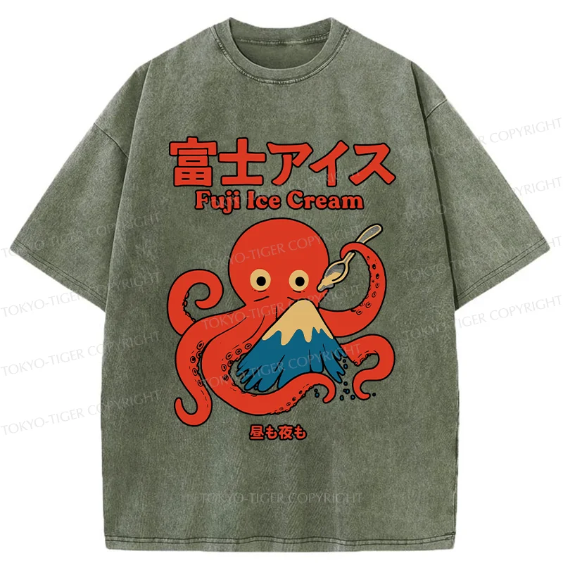 Tokyo-Tiger Octopus Eating Mount Fuji Washed T-Shirt