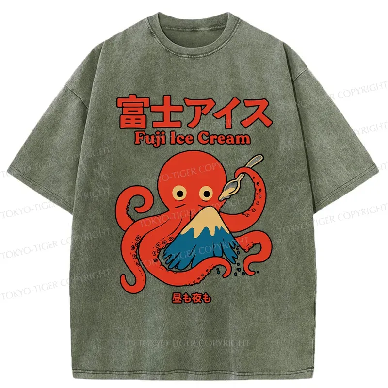 Tokyo-Tiger Octopus Eating Mount Fuji Washed T-Shirt