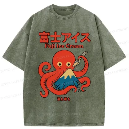 Tokyo-Tiger Octopus Eating Mount Fuji Washed T-Shirt