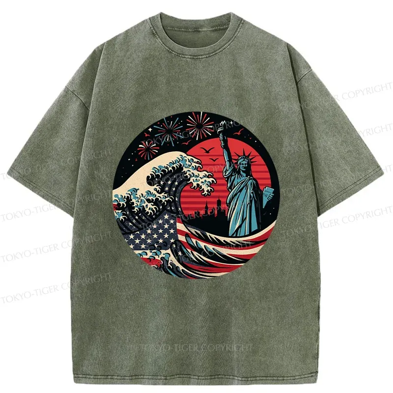 Tokyo-Tiger Independence Day And Waves Washed T-Shirt