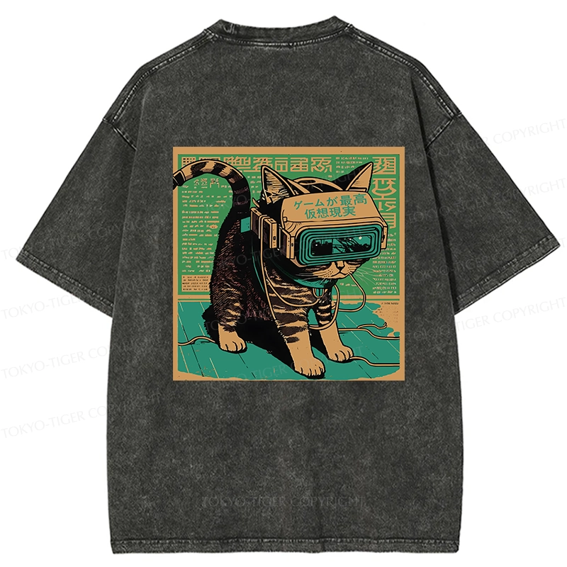 Tokyo-Tiger Cyberpunk Sci-Fi Cat Back Washed T-Shirt