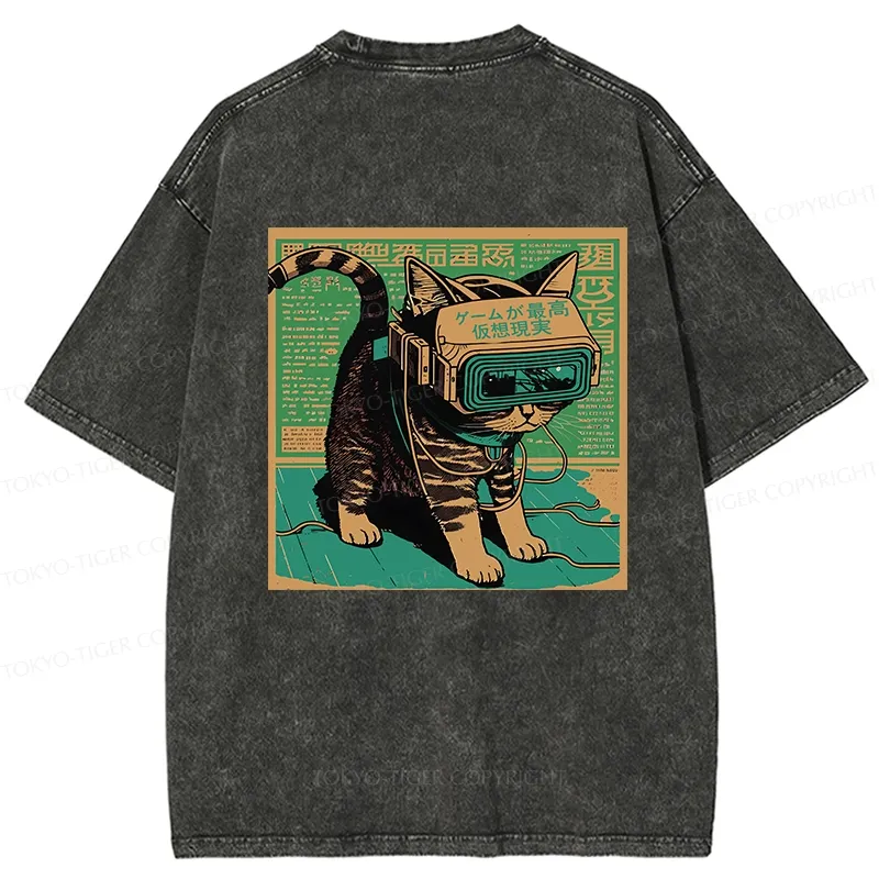 Tokyo-Tiger Cyberpunk Sci-Fi Cat Back Washed T-Shirt