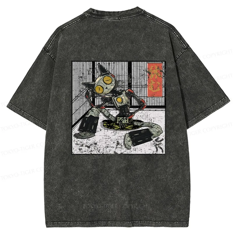 Tokyo-Tiger Robot Cat Taking A Rest Back Washed T-Shirt