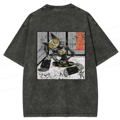 Tokyo-Tiger Robot Cat Taking A Rest Back Washed T-Shirt