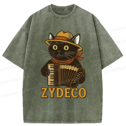 Tokyo-Tiger Cat Playing Accordion Washed T-Shirt