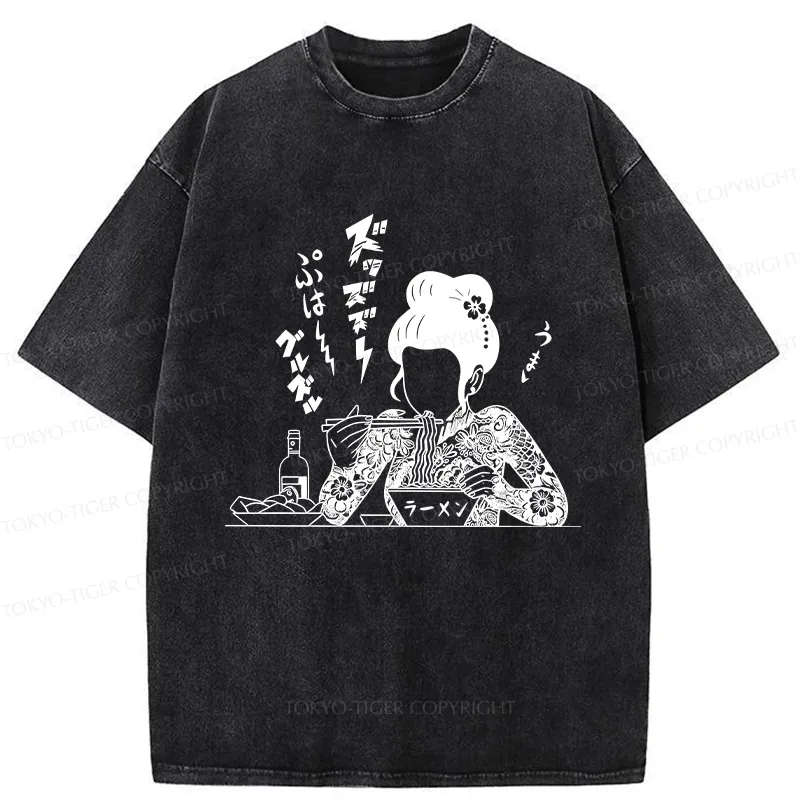 Tokyo-Tiger Japanese Beauty Eating Ramen Washed T-Shirt