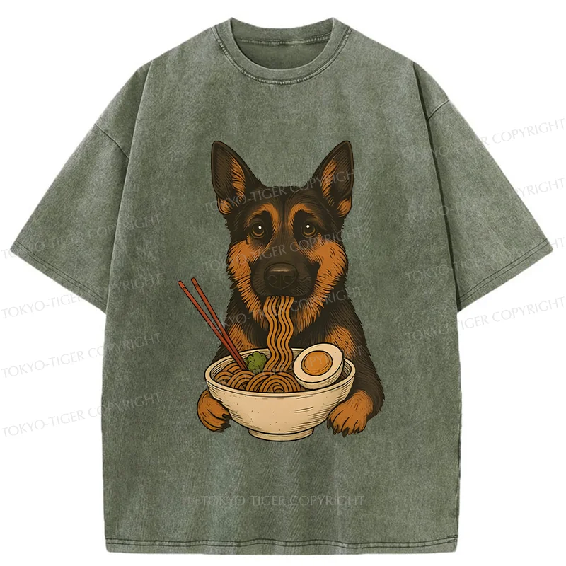 Tokyo-Tiger German Shepherd Eating Ramen Washed T-Shirt