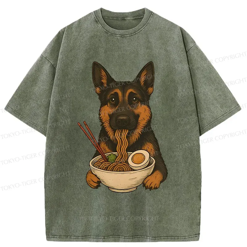Tokyo-Tiger German Shepherd Eating Ramen Washed T-Shirt
