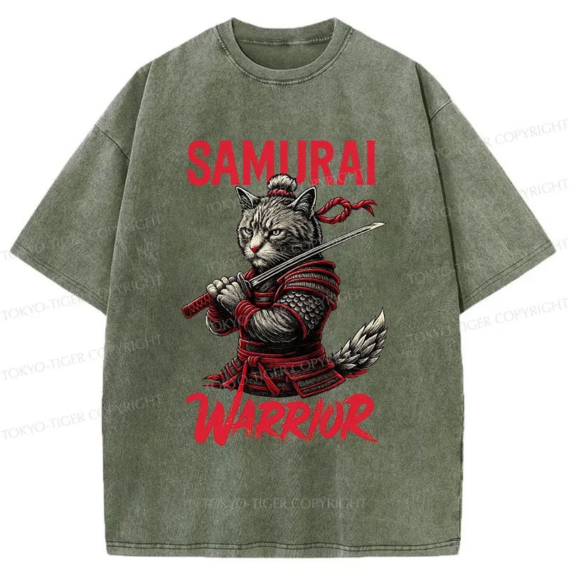 Tokyo-Tiger Fierce Cat Samurai Washed T-Shirt