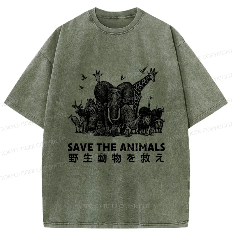 Tokyo-Tiger Save Animals Washed T-Shirt
