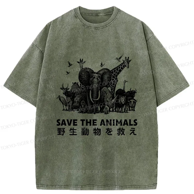 Tokyo-Tiger Save Animals Washed T-Shirt