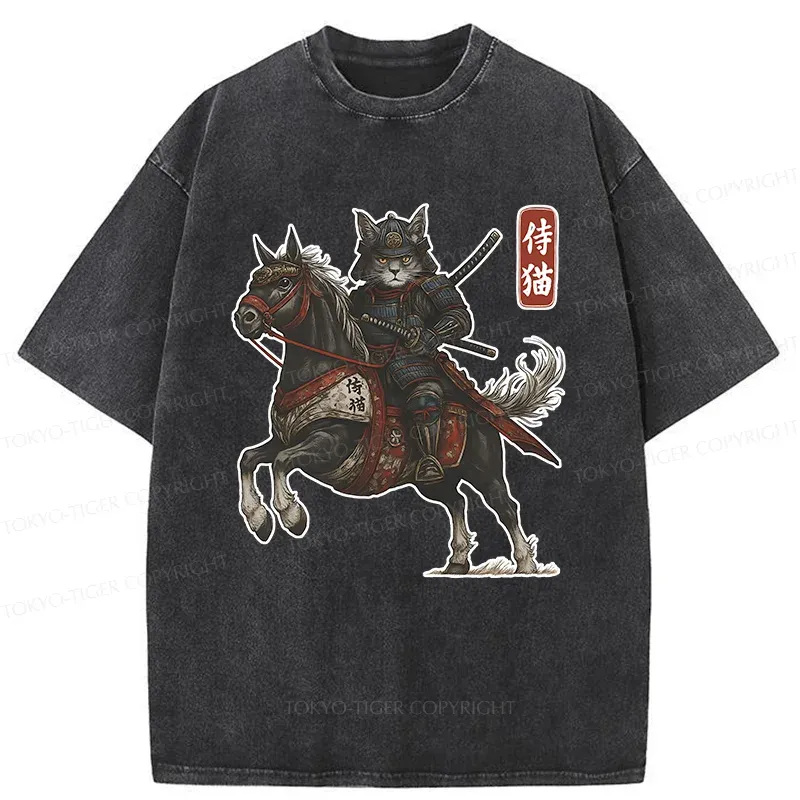 Tokyo-Tiger Cat Samurai Riding A Horse Washed T-Shirt