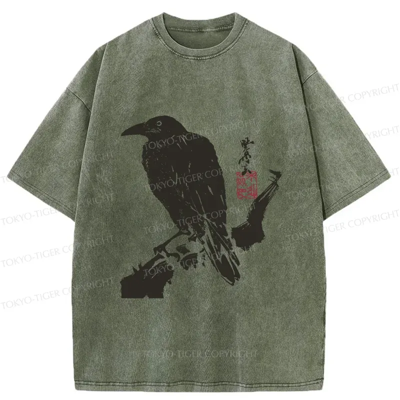 Tokyo-Tiger Crow Ancient Painting Washed T-Shirt
