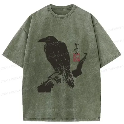 Tokyo-Tiger Crow Ancient Painting Washed T-Shirt