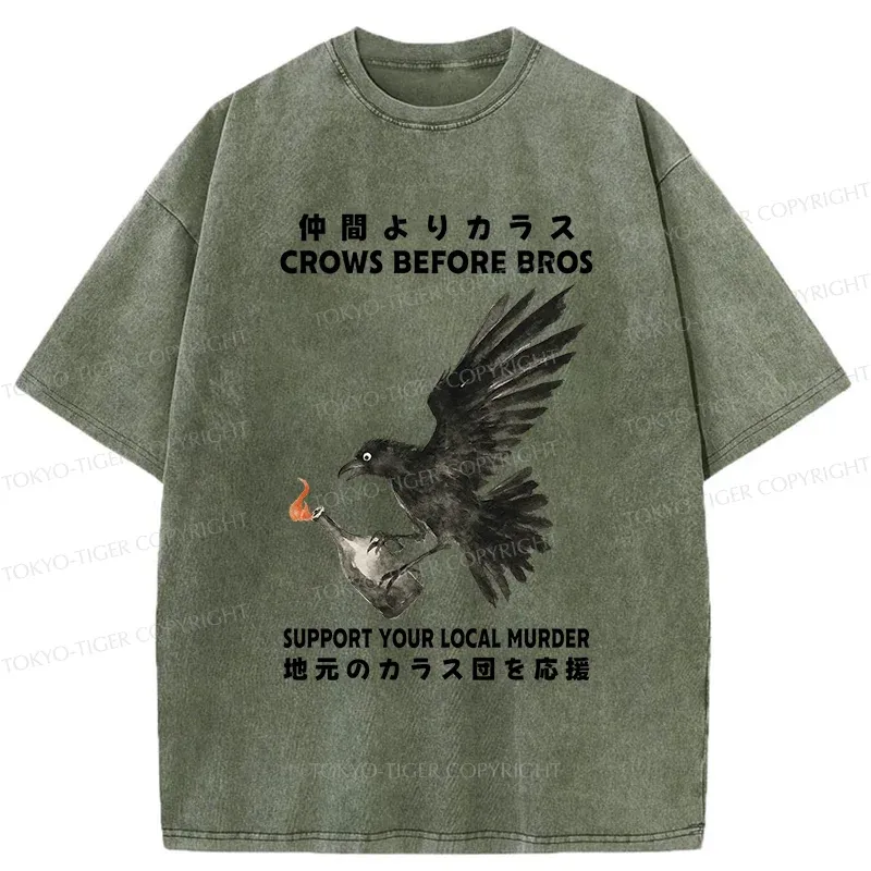 Tokyo-Tiger Crow Holding A Fire Bottle Washed T-Shirt