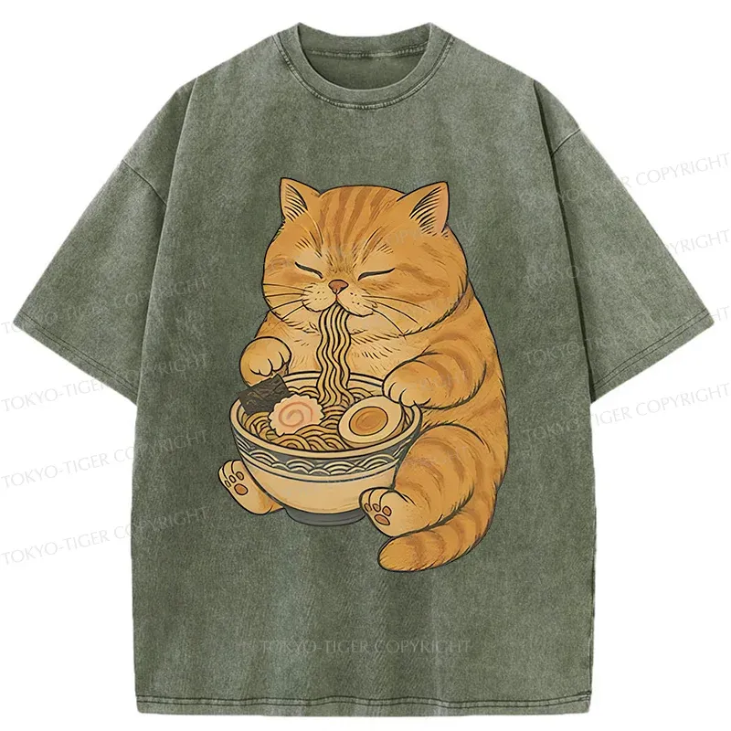 Tokyo-Tiger Orange Cat Eating Ramen Washed T-Shirt