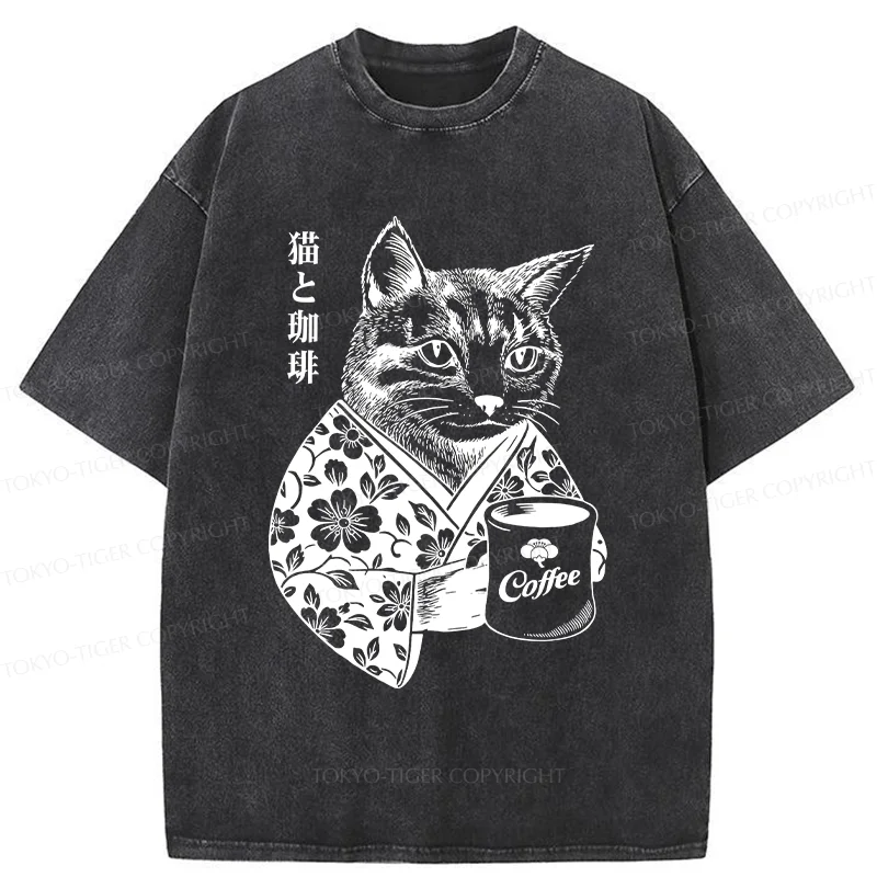 Tokyo-Tiger Cat And Coffee Washed T-Shirt