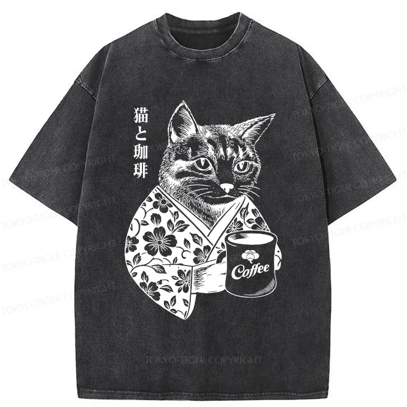 Tokyo-Tiger Cat And Coffee Washed T-Shirt