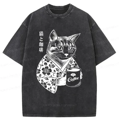Tokyo-Tiger Cat And Coffee Washed T-Shirt