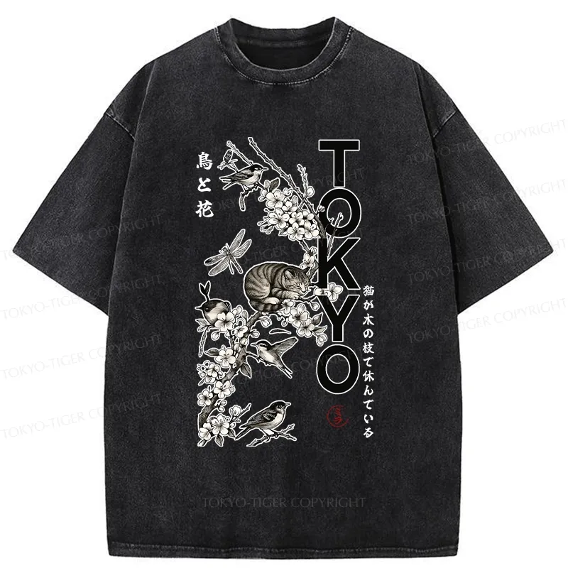 Tokyo-Tiger Cat Resting On A Branch Washed T-Shirt