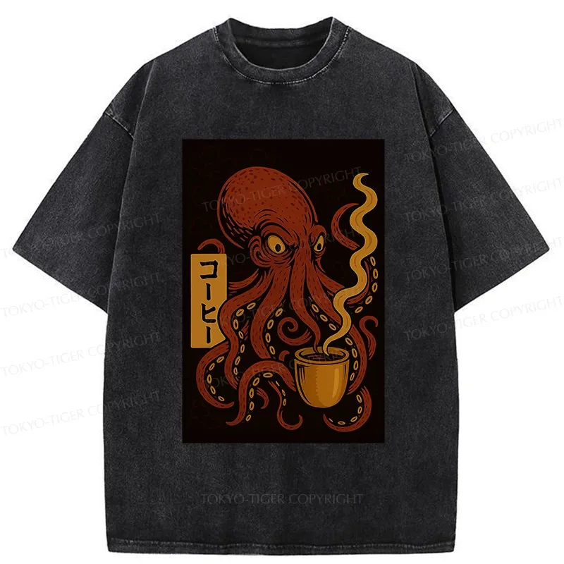 Tokyo-Tiger Octopus Drinking Coffee Washed T-Shirt