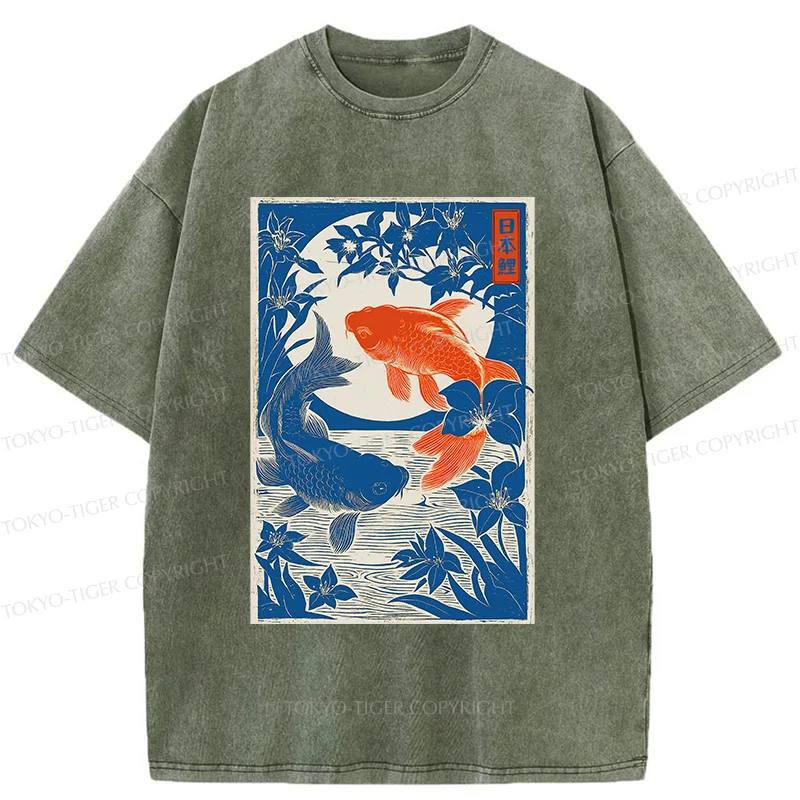 Tokyo-Tiger Woodcut Koi Washed T-Shirt