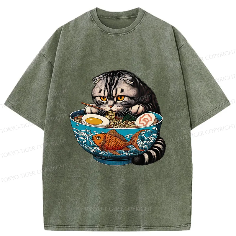 Tokyo-Tiger American Shorthair Cat Eating Ramen Washed T-Shirt