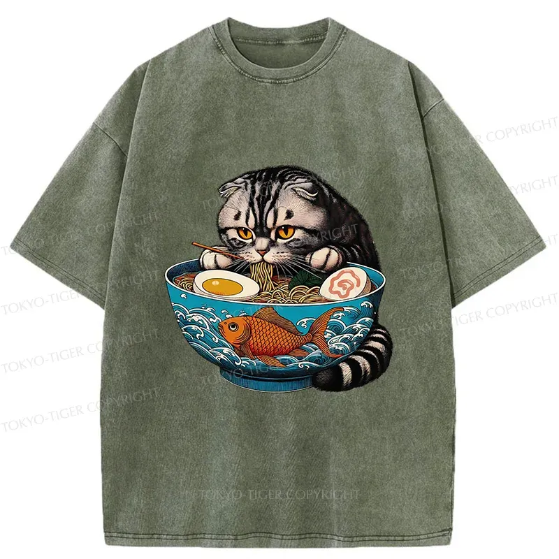 Tokyo-Tiger American Shorthair Cat Eating Ramen Washed T-Shirt