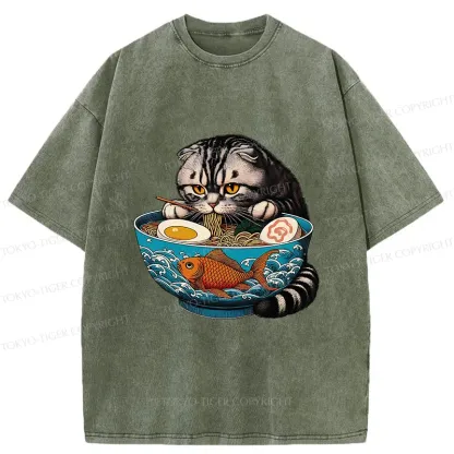 Tokyo-Tiger American Shorthair Cat Eating Ramen Washed T-Shirt