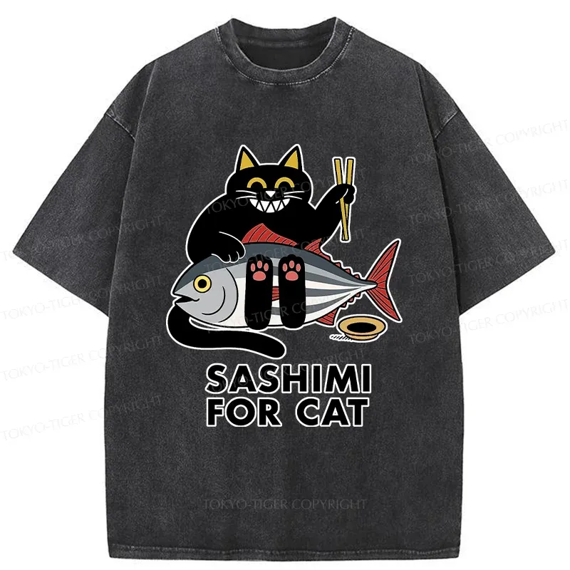 Tokyo-Tiger Black Cat Eating Sashimi Washed T-Shirt